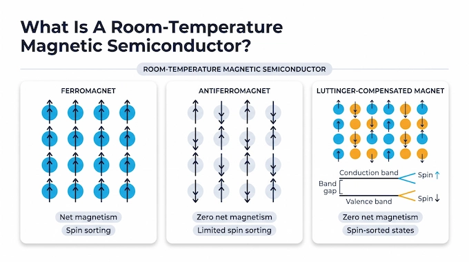 Room Temperature Semiconductor infographic comparing ferromagnetic, antiferromagnetic and compensated spin states.