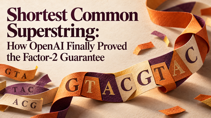 Shortest common superstring artwork showing letter ribbons merging through shared overlaps.