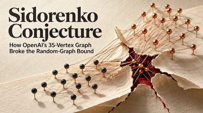 Glowing 35-vertex graph breaking through a glass floor, illustrating the Sidorenko conjecture counterexample