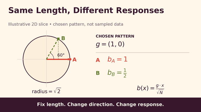 Spherical perceptron diagram showing responses of 1 and one half for equal-length weights.
