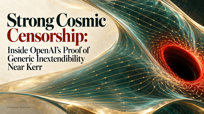 Strong cosmic censorship art showing continuous Kerr-like geometry with disrupted vector transport.
