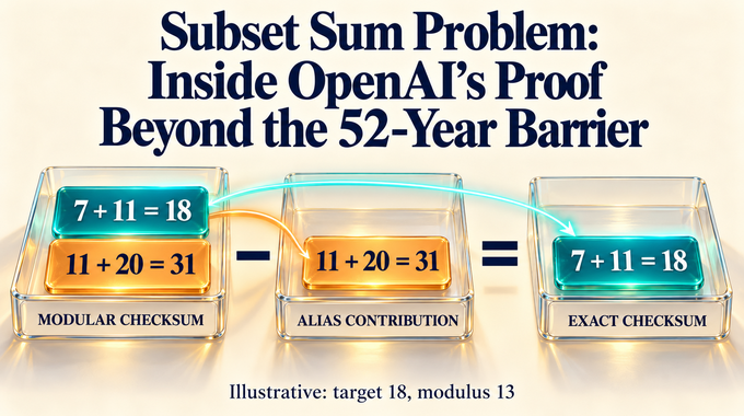 Subset sum problem artwork shows a lime path crossing a coral barrier beneath the article title.