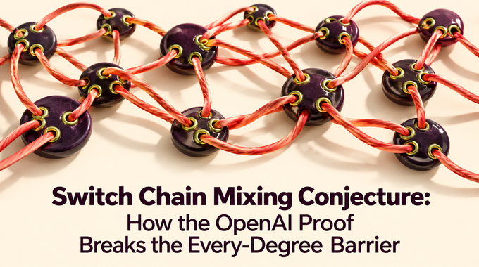 Artwork for the switch chain mixing conjecture showing coral cords threaded through fixed connection points.
