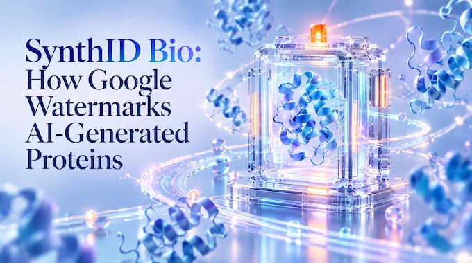 SynthID Bio watermark glowing inside a 3D AI-designed protein structure