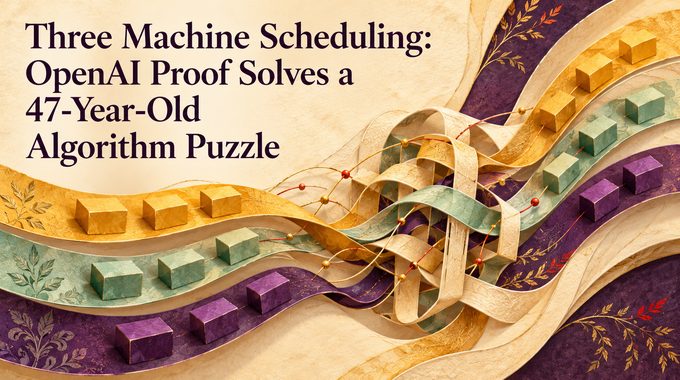 Three machine scheduling artwork shows three job streams woven into an ordered schedule beneath the article title.