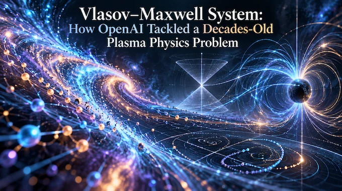 Vlasov Maxwell system concept art: glowing plasma particles and a light cone with cancelling force arrows