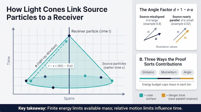 Vlasov Maxwell system infographic showing a retarded light cone linking source particles to a receiver